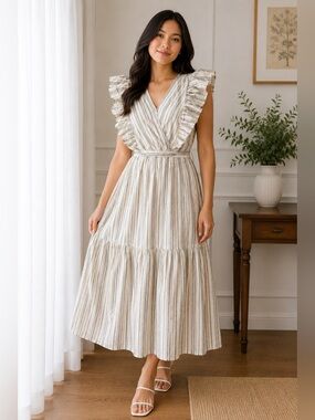 Striped Ruffle V-Neck Maxi Dress - ligth gray stripes